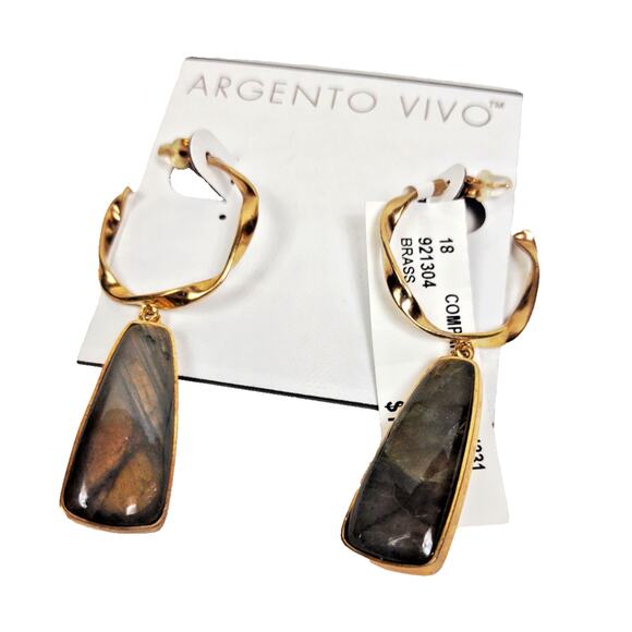 Argento Vivo Twisted Hoop Labradorite Dangle Drop Earrings Brass 18K Gold Plated - Picture 2 of 6